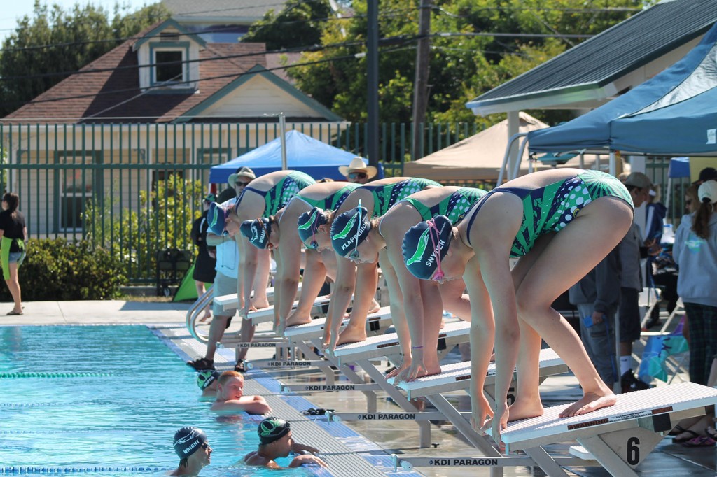 Martinez Community Swim Team Otters make a splash against the Oakhurst Orcas, Saturday, July 16, 2016. Front to back are team members Rachel Snyder, Isabella Klapperich, Hayley London, Lexi Williams and Andrea Draper. (COURTESY / On File)