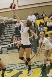 Alhambra’s Erin Silva goes for the kill in the Bulldogs’ 3-2 loss to the San Ramon Valley Wolves on Sept. 1, 2016. (MARK FIERNER / Martinez Tribune)