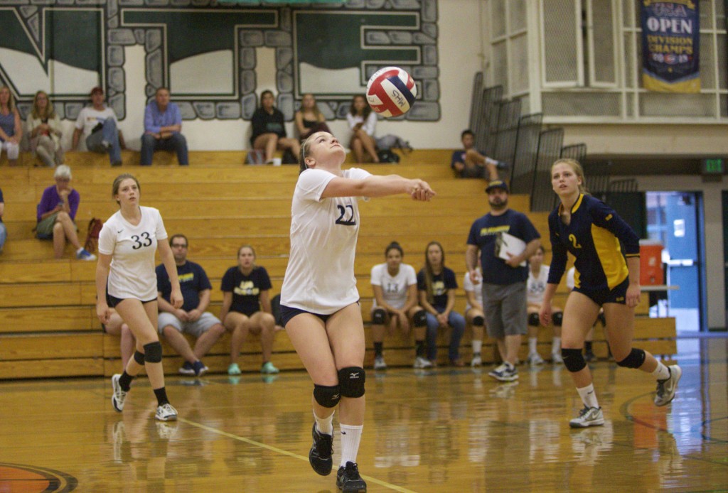 Alhambra junior Rachel Gray sets up a pass in the Bulldogs’ 3-0 loss to the Miramonte Matadors on Sept. 20, 2016. (MARK FIERNER / Martinez Tribune)